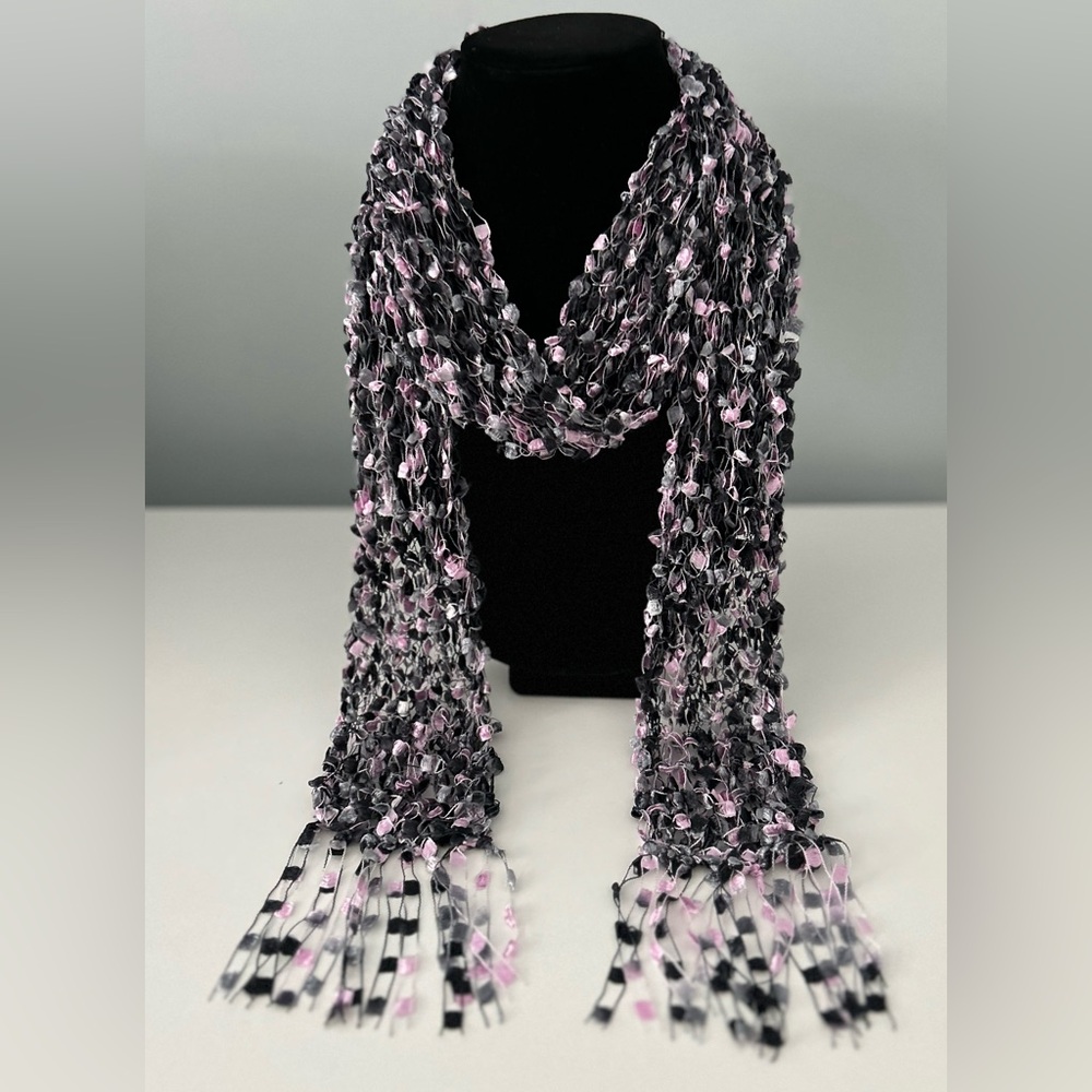 Chic Black, Gray, and Pink Knit Ladder Ribbon Scarf
